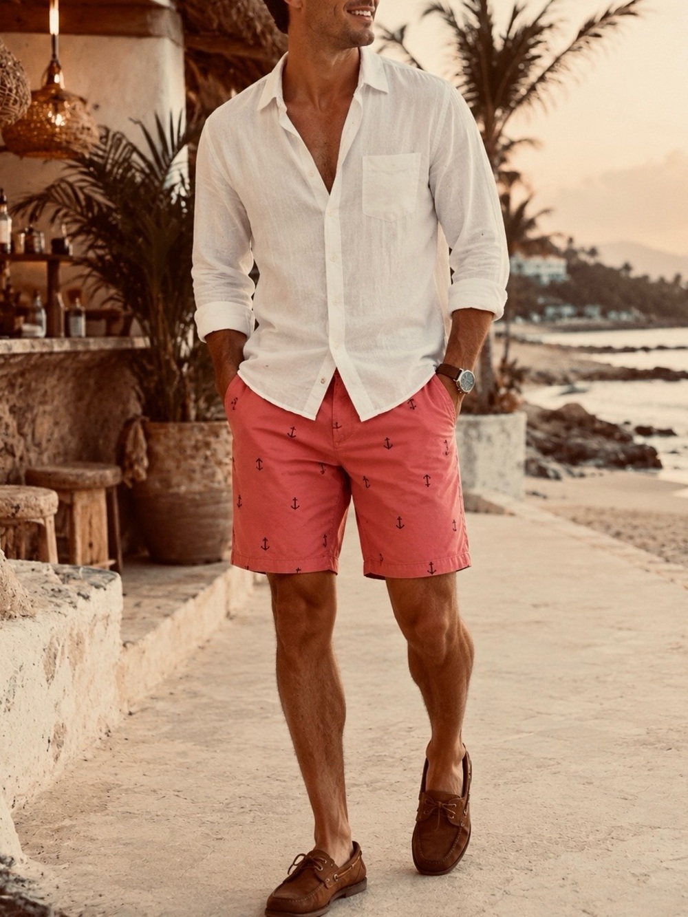 Joe Fresh Coral Anchor Print Shorts Mens Size 33 Flex Stretch